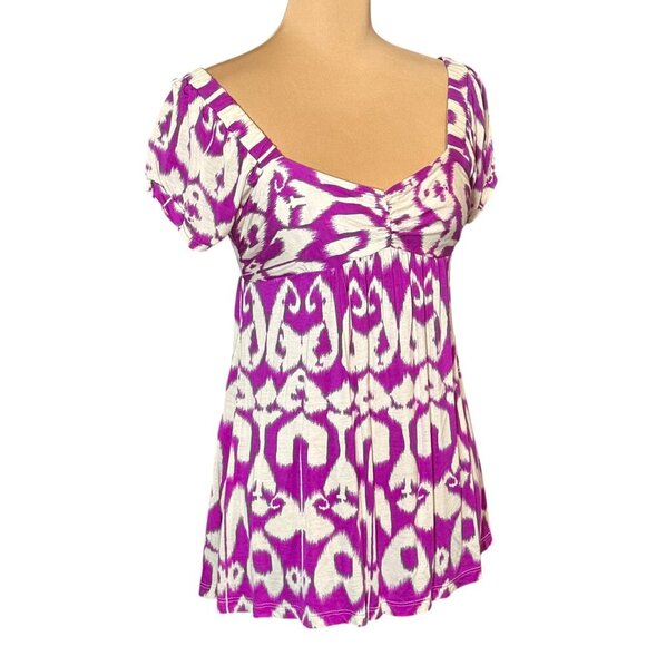 VTG Y2K Babydoll Top Sz.M Ikat Print Short Puff Sleeve Boho Coquette Festival - Picture 3 of 10